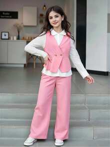 SHEIN Tween Girls Fall Outfits 3pcs/Set Fashionable Pink V-Neck Sleeveless Jacket With Belt,Long Sleeve White Shirt,Wide Leg Straight Pants - Pink - View 8