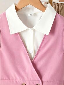 SHEIN Tween Girls Fall Outfits 3pcs/Set Fashionable Pink V-Neck Sleeveless Jacket With Belt,Long Sleeve White Shirt,Wide Leg Straight Pants - Pink - View 6