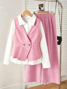 SHEIN Tween Girls Fall Outfits 3pcs/Set Fashionable Pink V-Neck Sleeveless Jacket With Belt,Long Sleeve White Shirt,Wide Leg Straight Pants - Pink - View 4