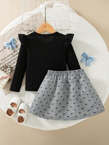 SHEIN Elladie kids Girls Western Short Flutter Sleeve Ribbed Top Embroidered Fabric Skirt Fall Autumn Winter 7th Birthday Kindergarten - Multicolor - View 3