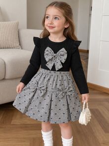 SHEIN Elladie kids Girls Western Short Flutter Sleeve Ribbed Top Embroidered Fabric Skirt Fall Autumn Winter 7th Birthday Kindergarten - Multicolor - View 2