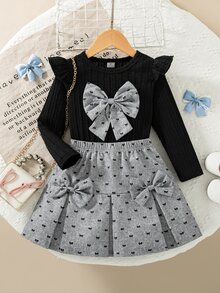 SHEIN Elladie kids Girls Western Short Flutter Sleeve Ribbed Top Embroidered Fabric Skirt Fall Autumn Winter 7th Birthday Kindergarten - Multicolor - View 9