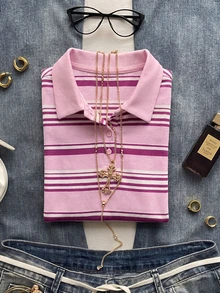 Attitoon Women's Summer Casual Striped Short Sleeve T-Shirt - Pink - View 6