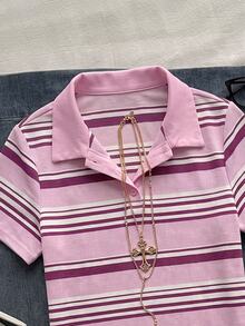 Attitoon Women's Summer Casual Striped Short Sleeve T-Shirt - Pink - View 7