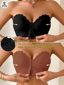 Wedaily 2pcs Multi-Color Women Underwear Strapless Bras, Front Closure Ruffled Push-Up Bras With Removable Pads - Multicolor - View 1
