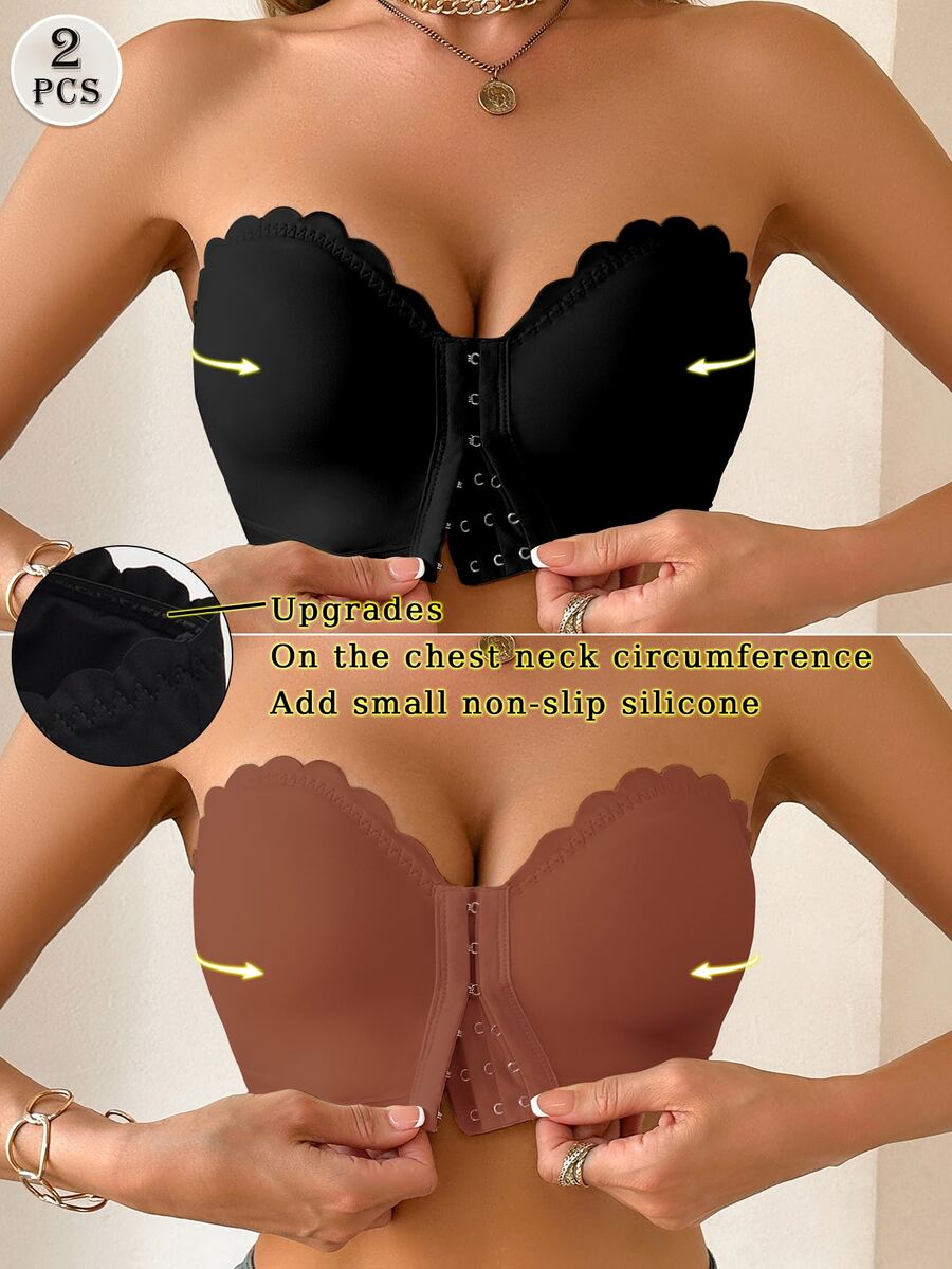 Wedaily 2pcs Multi-Color Women Underwear Strapless Bras, Front Closure Ruffled Push-Up Bras With Removable Pads - Multicolor - View 1
