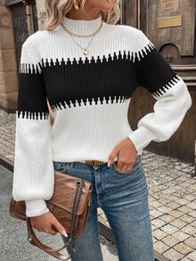 SHEIN LUNE High Neck Color Block Lantern Sleeve Casual Commute Pullover Sweater For Women,Long Sleeve Tops In Fall/Winter - Multicolor - View 5
