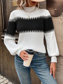SHEIN LUNE High Neck Color Block Lantern Sleeve Casual Commute Pullover Sweater For Women,Long Sleeve Tops In Fall/Winter - Multicolor - View 4