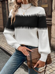 SHEIN LUNE High Neck Color Block Lantern Sleeve Casual Commute Pullover Sweater For Women,Long Sleeve Tops In Fall/Winter - Multicolor - View 6