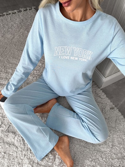 SHEIN Cottnline Women New York Letter Graphic Print Long Sleeve Top Long Pants Soft Comfort Pajama Set Lounge Sleep Light Blue Spring Casual Simple