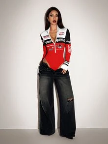 SHEIN ICON Lässiger Retro Racing Stil Rot & Schwarz Kontrast Farbblock Bodysuit für Frauen, geeignet für Herbst/Winter, Vintage, Akademie, vielseitig, sexy, süß, Y2K, Coconut Girl, Boho, Hippie, Musikfestival - Verschiedenfarbig - Übersicht 6