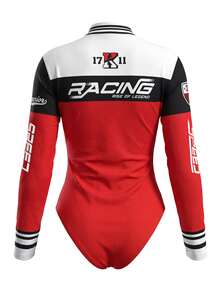 SHEIN ICON Lässiger Retro Racing Stil Rot & Schwarz Kontrast Farbblock Bodysuit für Frauen, geeignet für Herbst/Winter, Vintage, Akademie, vielseitig, sexy, süß, Y2K, Coconut Girl, Boho, Hippie, Musikfestival - Verschiedenfarbig - Übersicht 9