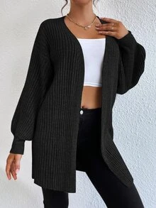 SHEIN Tall Size Black Solid Drop Shoulder Open Front Ribbed Knit Duster Casual Everyday School Wear Cardigan Winter Home - Black - View 8