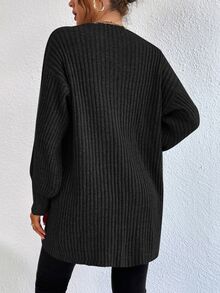 SHEIN Tall Size Black Solid Drop Shoulder Open Front Ribbed Knit Duster Casual Everyday School Wear Cardigan Winter Home - Black - View 3