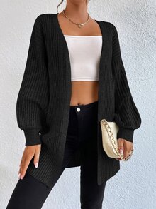 SHEIN Tall Size Black Solid Drop Shoulder Open Front Ribbed Knit Duster Casual Everyday School Wear Cardigan Winter Home - Black - View 10