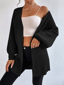 SHEIN Tall Size Black Solid Drop Shoulder Open Front Ribbed Knit Duster Casual Everyday School Wear Cardigan Winter Home - Black - View 7