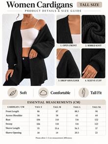 SHEIN Tall Size Black Solid Drop Shoulder Open Front Ribbed Knit Duster Casual Everyday School Wear Cardigan Winter Home - Black - View 9