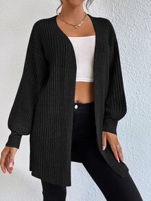 SHEIN Tall Size Black Solid Drop Shoulder Open Front Ribbed Knit Duster Casual Everyday School Wear Cardigan Winter Home - Black - View 5