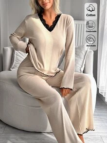 SHEIN Cotton Rib 2pcs Pink Long Sleeve Contrast Lace Sleep Tee + Long Pants Casual Lounge Pajama Set - Beige - View 8