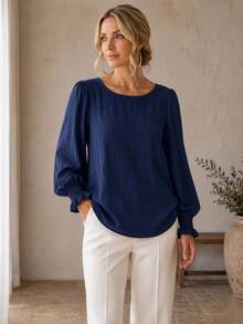 EMERY ROSE Blusa de cuello redondo, manga abullonada y unicolor, top de manga larga - Azul Marino - Ver 1