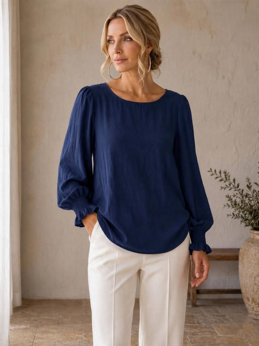 EMERY ROSE Blusa de cuello redondo, manga abullonada y unicolor, top de manga larga - Azul Marino - Ver 1