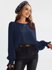 EMERY ROSE Blusa de cuello redondo, manga abullonada y unicolor, top de manga larga - Azul Marino - Ver 5