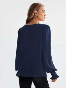 EMERY ROSE Blusa de cuello redondo, manga abullonada y unicolor, top de manga larga - Azul Marino - Ver 2