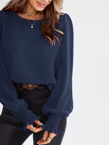 EMERY ROSE Blusa de cuello redondo, manga abullonada y unicolor, top de manga larga - Azul Marino - Ver 4