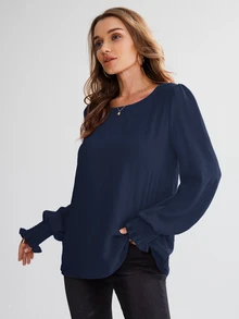 EMERY ROSE Blusa de cuello redondo, manga abullonada y unicolor, top de manga larga - Azul Marino - Ver 6