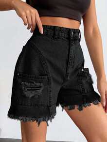 SHEIN Solid Black Casual Grunge Cargo Pocket Denim Shorts With Raw Hem Everyday Summer - Black - View 3