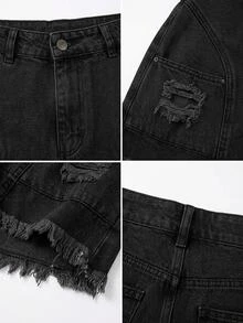 SHEIN Solid Black Casual Grunge Cargo Pocket Denim Shorts With Raw Hem Everyday Summer - Black - View 6