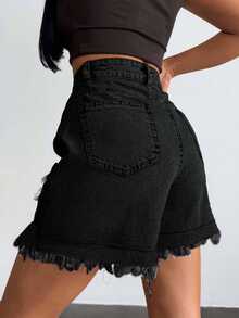 SHEIN Solid Black Casual Grunge Cargo Pocket Denim Shorts With Raw Hem Everyday Summer - Black - View 2