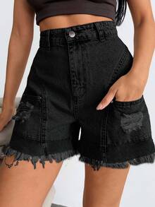 SHEIN Solid Black Casual Grunge Cargo Pocket Denim Shorts With Raw Hem Everyday Summer - Black - View 1