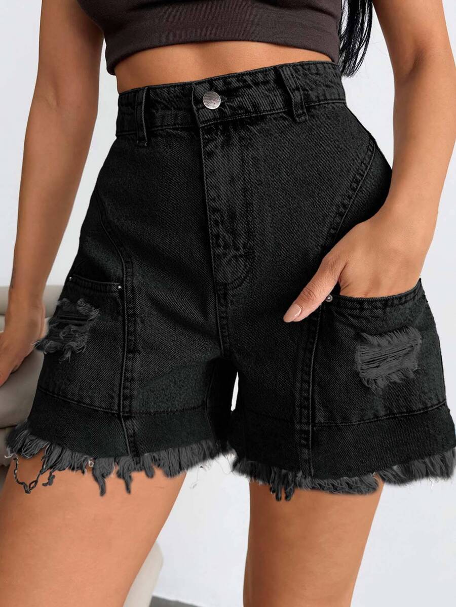 SHEIN Solid Black Casual Grunge Cargo Pocket Denim Shorts With Raw Hem Everyday Summer - Black - View 1