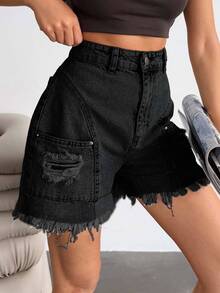 SHEIN Solid Black Casual Grunge Cargo Pocket Denim Shorts With Raw Hem Everyday Summer - Black - View 4