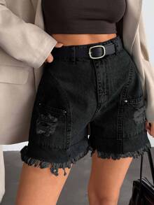 SHEIN Solid Black Casual Grunge Cargo Pocket Denim Shorts With Raw Hem Everyday Summer - Black - View 5