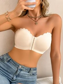 Wedaily 杏色女款內衣套裝，前扣式波浪邊聚攏胸型可拆式墊杯，2件組 - 杏色 - 查看 8