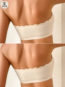 Wedaily 杏色女款內衣套裝，前扣式波浪邊聚攏胸型可拆式墊杯，2件組 - 杏色 - 查看 2
