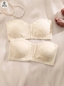 Wedaily 杏色女款內衣套裝，前扣式波浪邊聚攏胸型可拆式墊杯，2件組 - 杏色 - 查看 5