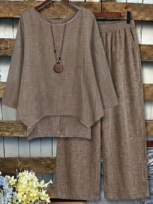 Linhara Plus Size Women 2-Piece Set Linen Asymmetric Hem Crew Neck 3/4 Sleeve Top And Loose Long Wide Leg Pants, Suitable For Casual Daily Wear - Khaki - View 1