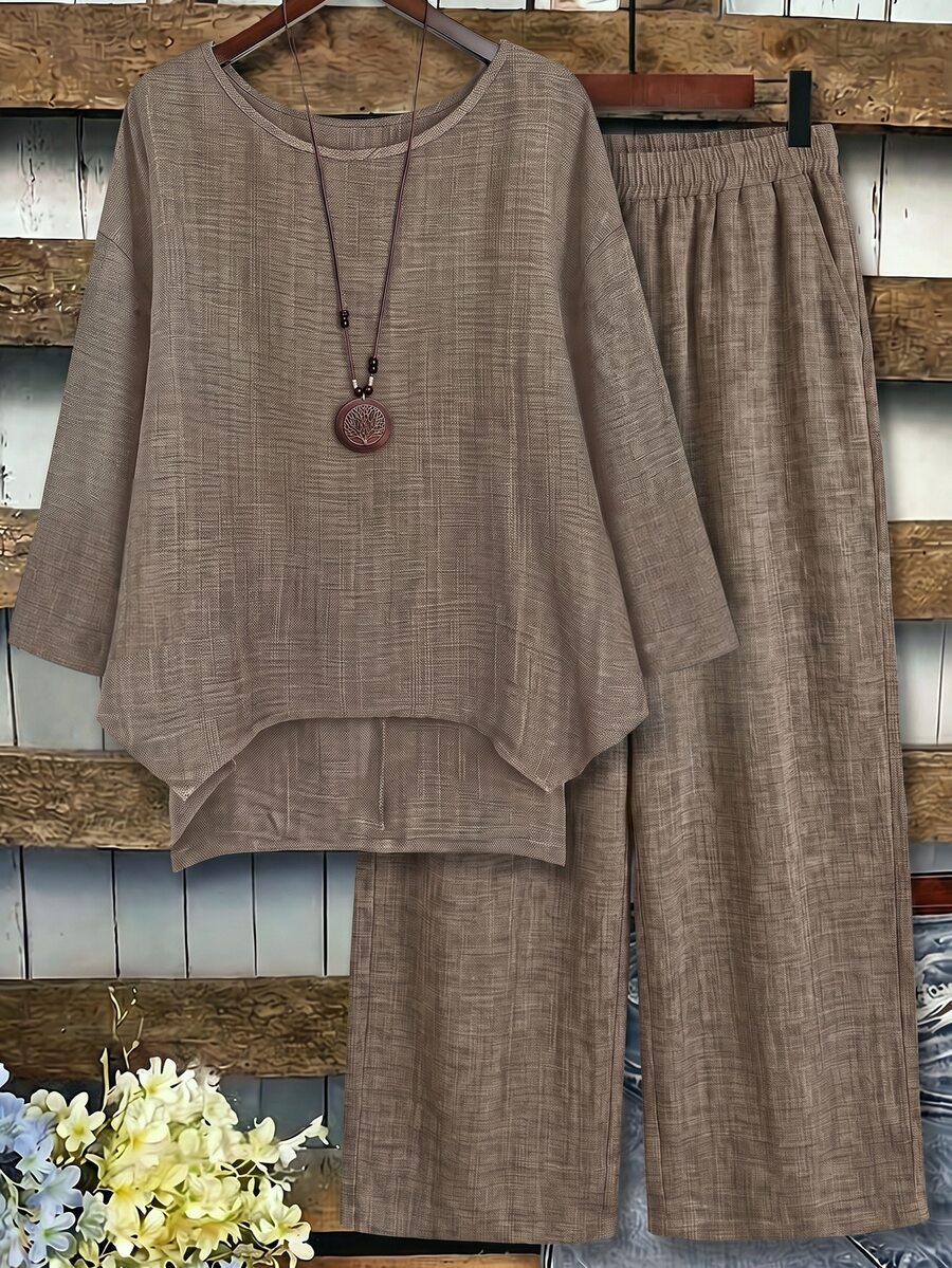 Linhara Plus Size Women 2-Piece Set Linen Asymmetric Hem Crew Neck 3/4 Sleeve Top And Loose Long Wide Leg Pants, Suitable For Casual Daily Wear - Khaki - View 1