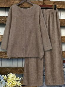 Linhara Plus Size Women 2-Piece Set Linen Asymmetric Hem Crew Neck 3/4 Sleeve Top And Loose Long Wide Leg Pants, Suitable For Casual Daily Wear - Khaki - View 2