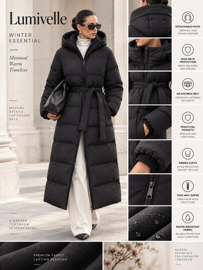 Lumivelle Women, Autumn, Winter, Casual, Long Length, Regular Fit, Hood, Women's Black Belted Padded Coat, Long Quilted Jacket, Hooded Zip-Front Parka, Tie-Waist Padded Coat, Mid-Length Insulated Down-Style Coat, Lightweight Packable Puffer, Water-Resistant Winter Jacket, Warm Thermal Outerwear, Windproof Snow Parka, Everyday Casual Winter Coat, Oversized Fit Puffer, Streetwear Longline Coat, Travel-Friendly Insulated Jacket, Commuter Warm Coat, Black Long Coat With Belt, Breathable Cold-Weather Jacket,