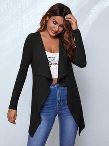 SHEIN LUNE Waffle Knit Waterfall Cardigan,Long Sleeve Tops,Casual - Black - View 7