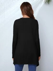 SHEIN LUNE Waffle Knit Waterfall Cardigan,Long Sleeve Tops,Casual - Black - View 3