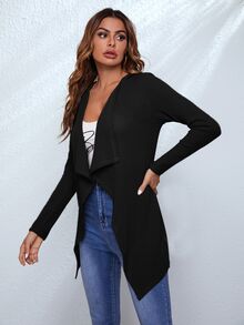 SHEIN LUNE Waffle Knit Waterfall Cardigan,Long Sleeve Tops,Casual - Black - View 4