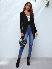 SHEIN LUNE Waffle Knit Waterfall Cardigan,Long Sleeve Tops,Casual - Black - View 6