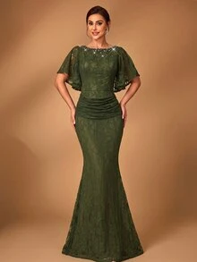 Serin Elegant Olive Green Lace Pearl Rhinestone Beaded Boat Neck Ruffle Ruched Bodycon Mermaid Train Mother Of The Bride Wedding Guest Summer Evening Gown - Olive Green - View 4