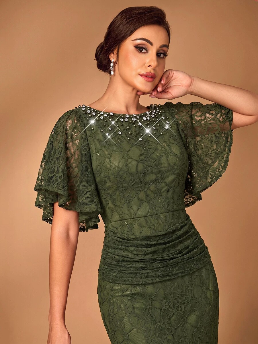 Serin Elegant Olive Green Lace Pearl Rhinestone Beaded Boat Neck Ruffle Ruched Bodycon Mermaid Train Mother Of The Bride Wedding Guest Summer Evening Gown