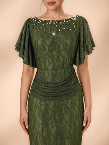 Serin Elegant Olive Green Lace Pearl Rhinestone Beaded Boat Neck Ruffle Ruched Bodycon Mermaid Train Mother Of The Bride Wedding Guest Summer Evening Gown - Olive Green - View 7